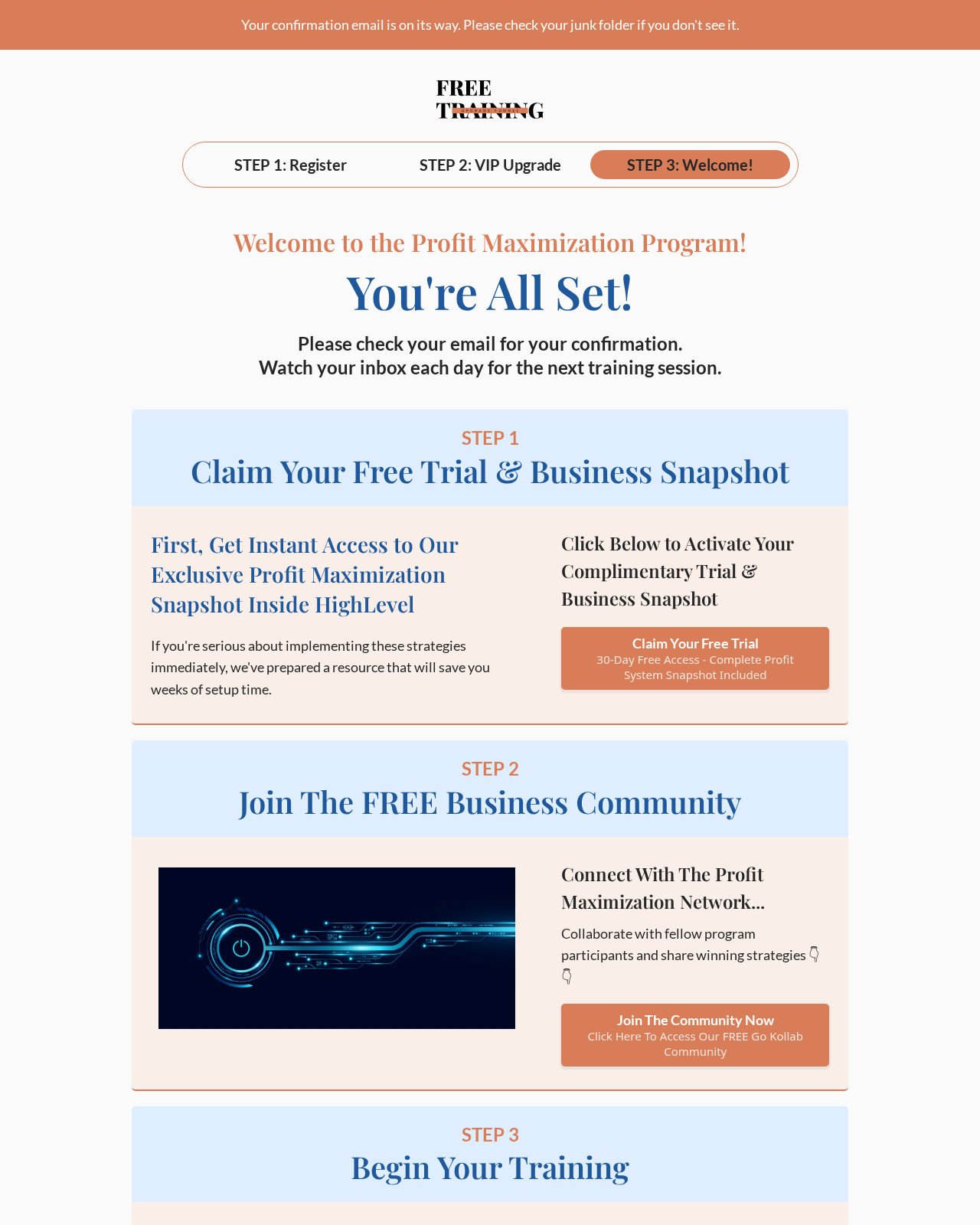 Thank You Page page from the Free Training to Upgrade Funnel GoHighLevel funnel template