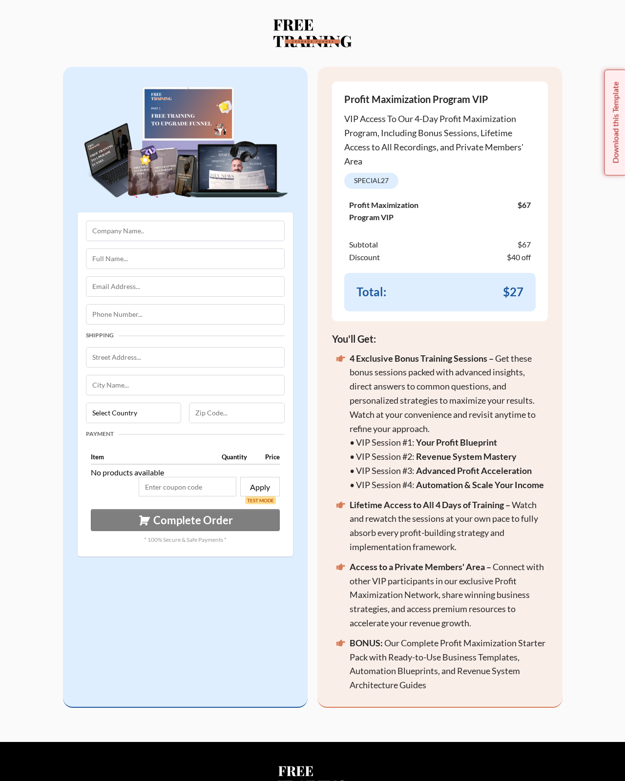 Checkout/Order page from the Free Training to Upgrade Funnel GoHighLevel funnel template