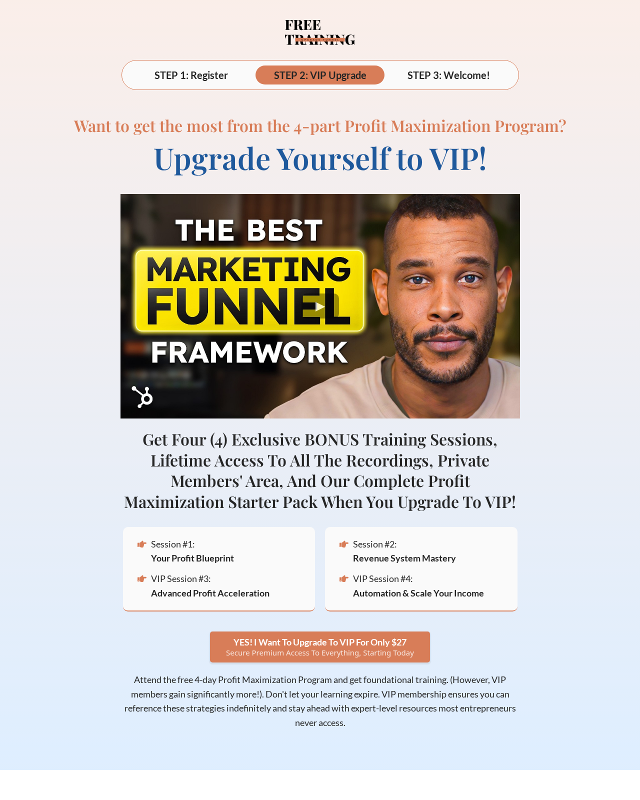VIP Upgrade page from the Free Training to Upgrade Funnel GoHighLevel funnel template