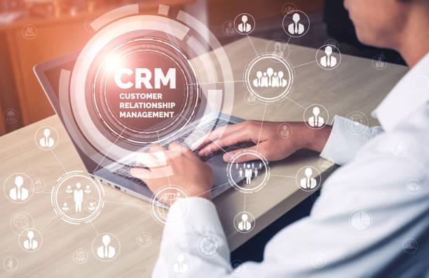 CRM Customer Relationship Management for business sales marketing system concept presented in futuristic graphic interface of service application to support CRM database analysis.