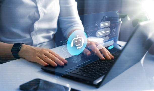 Chat bot service concept. Virtual assistant and CRM software automation technology. Customer using online service with chat bot to get support.